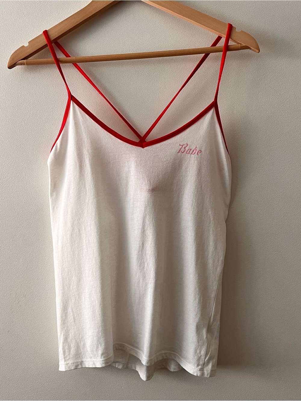 Camp Collection S.F. Red Trim Strappy Cami Tank Top - Babe Script Cotton Blend M